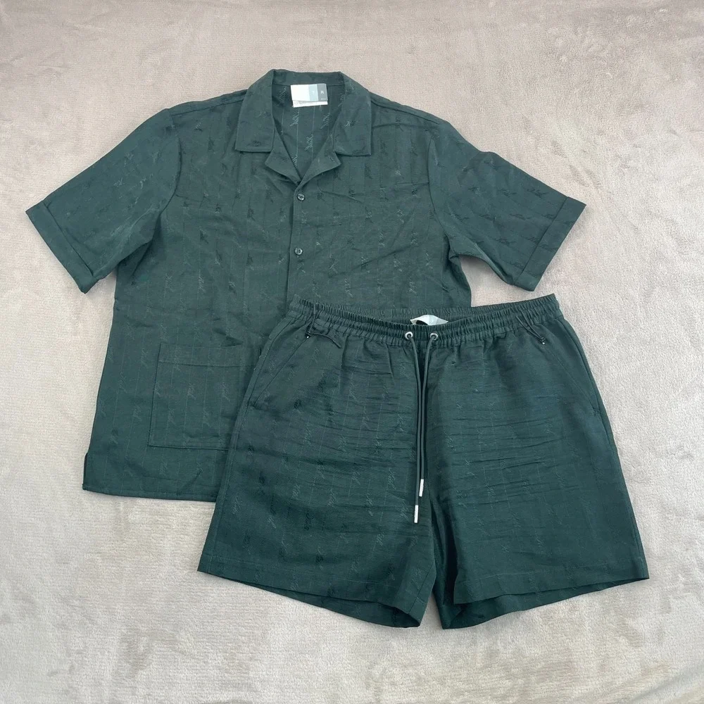 Kith Jacquard Faille Cedar Shorts Shirt Set Men‎ Large Green Woven Kith Script